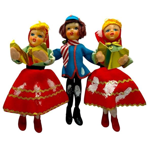 VTG '60s 3 WOOLCO Mica Caroler Figures Dolls Felt Wire Posable Christmas Japan - Picture 1 of 15